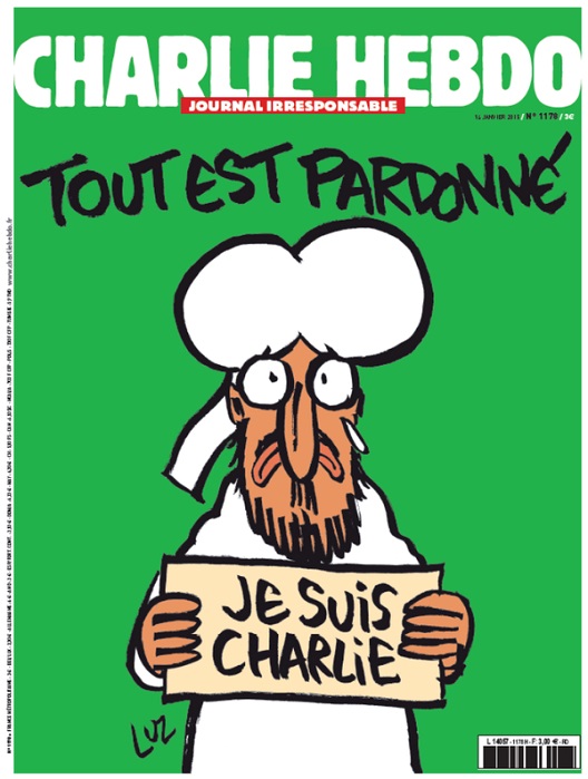 Новата насловна на Шарли Ебдо: Мухамед со солза во окото и транспарент „И јас сум Шарли“